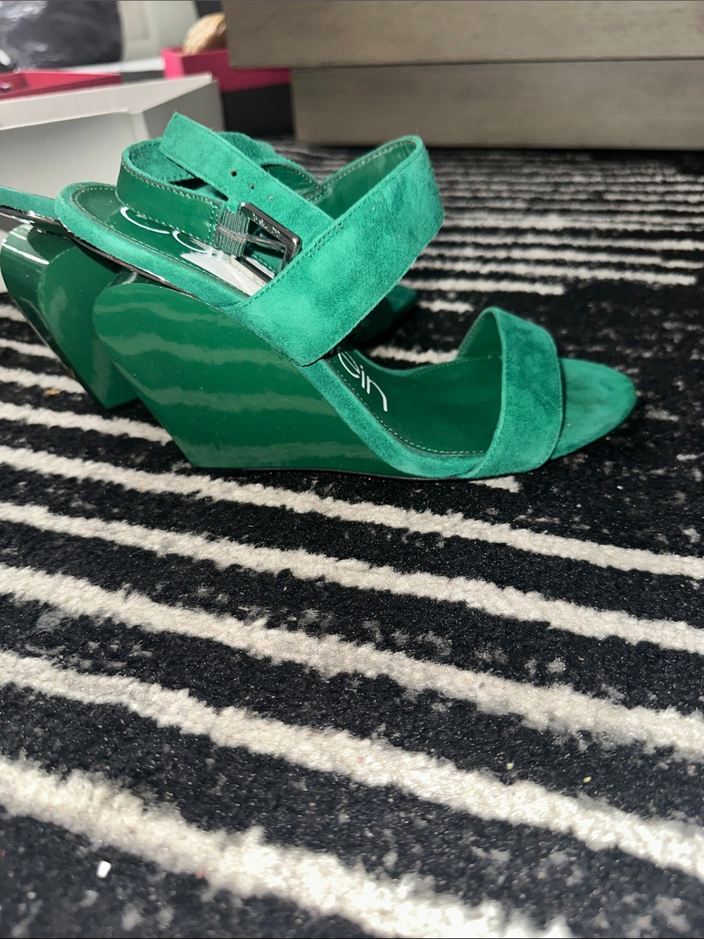 Calvin Klein Emerald Green Suede Strap Block Heels - Picture 4 of 5